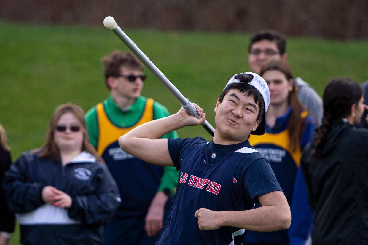 Lincoln-Sudbury’s Devon Sugioka prepares to toss the javelin during the Unified track meet against Needham High, at Lincoln-Sudbury, April 24, 2024.