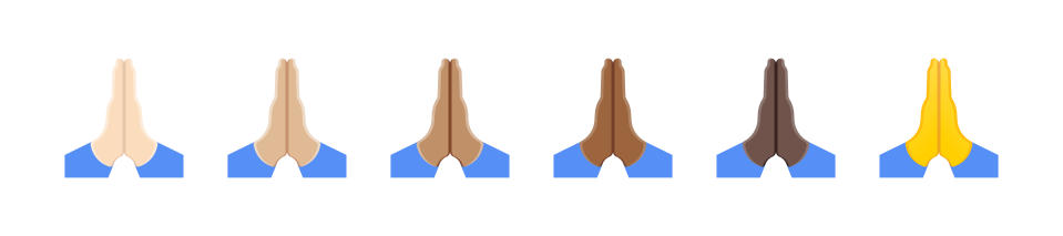 Folded hands emoji set. Vector icon. Folded hands of various skin tones. Human Hands Folded in prayer. Clasped hands. Mudra Namaste. Appeal to heaven, request for donate