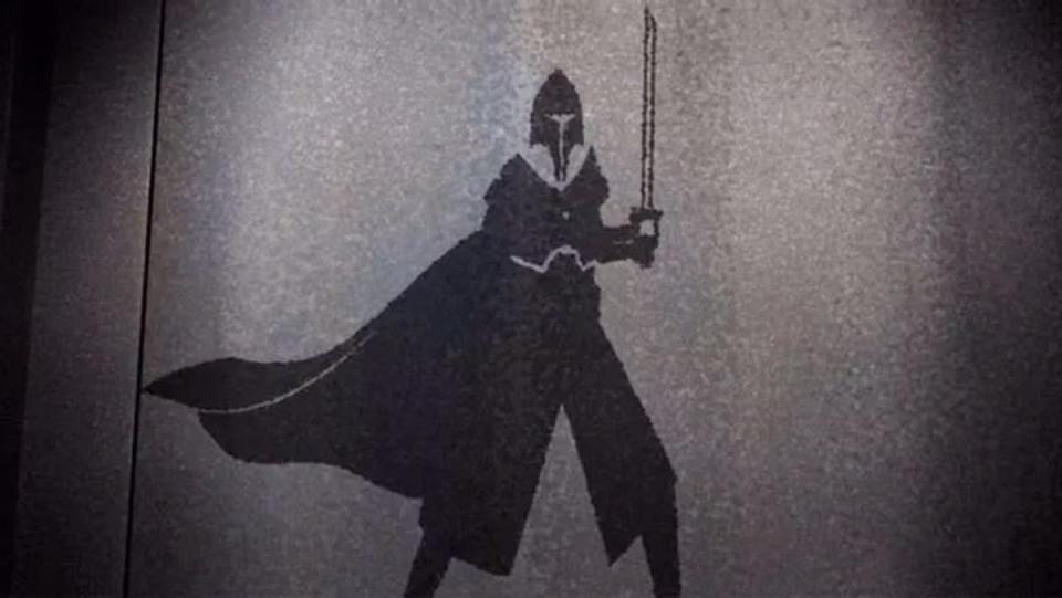 Black shadow drawing of Tarre Vizsla holding the Darksaber on Star Wars: The Clone Wars