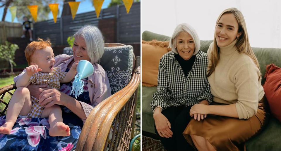 Left, Tessa Speller sitting and holding her grandson Woody. Right Tessa Speller with her daughter Bec.