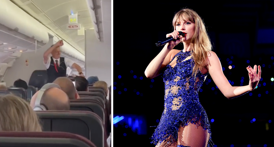 Qantas cabin crew member Paul Pillati / Taylor Swift singing.