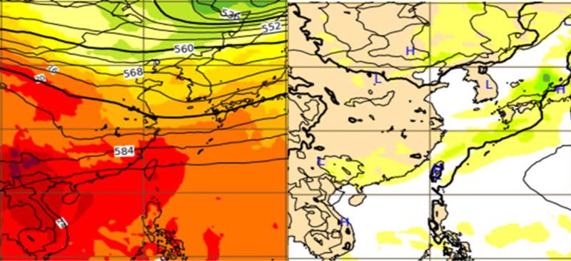 最新(22日20時)歐洲中期預報中心(ECMWF)模式模擬顯示，24日20時暖氣團籠罩台灣附近(左圖紅色範圍)；同時的地面預測圖(右圖)則顯示，天氣穩定、盛行弱西南風，將帶來「高溫」。(截取自「三立準氣象·老大洩天機」專欄)。