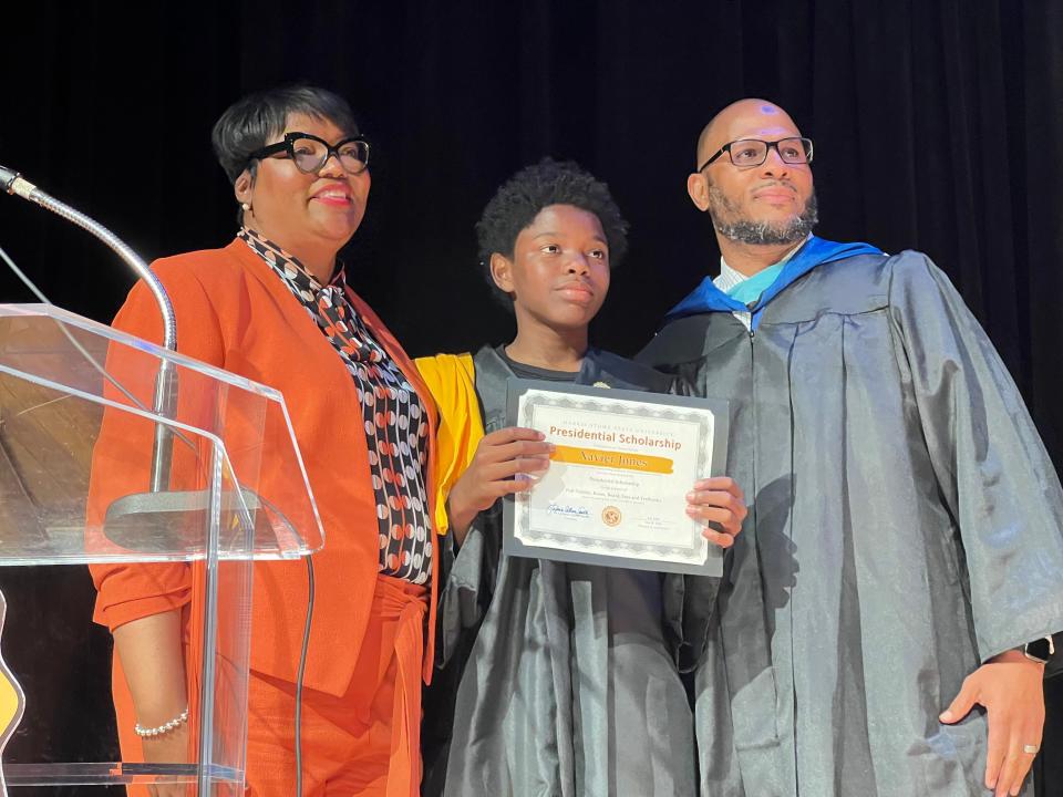 LaTonia Collins Smith and Xavier Jones. Jones walked six miles to get to his middle school graduation on May 22, 2023 because he had no ride. When his story was shared online, he was given a new electric bike and a full-ride scholarship to Harris-Stowe State University, where the graduation ceremony was held.