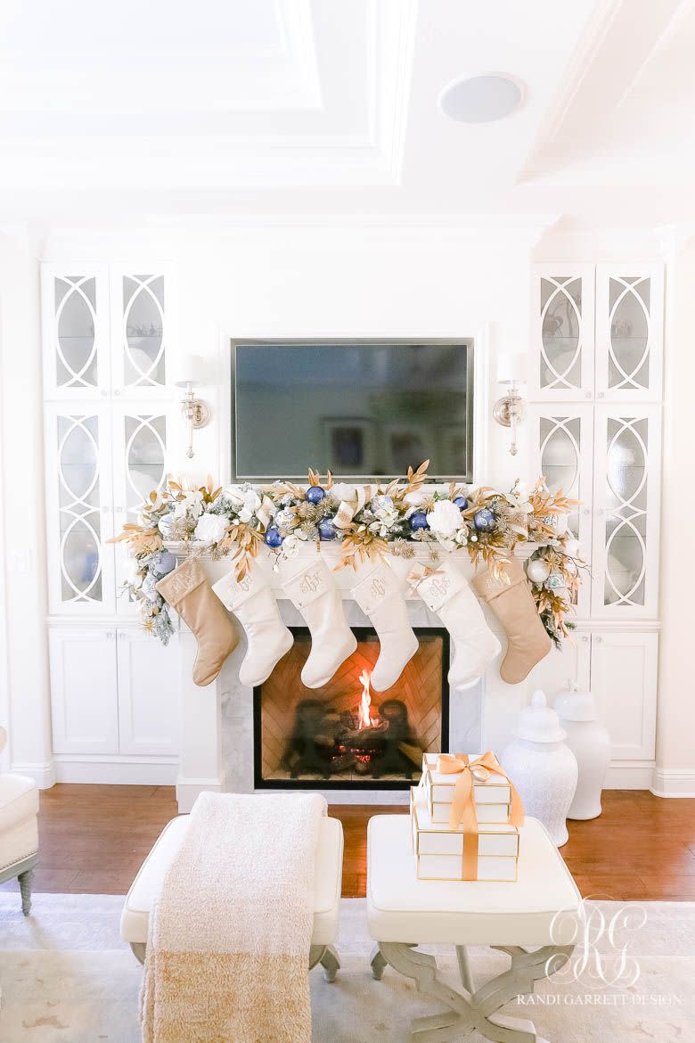 White, Gold, Blue Christmas Mantel