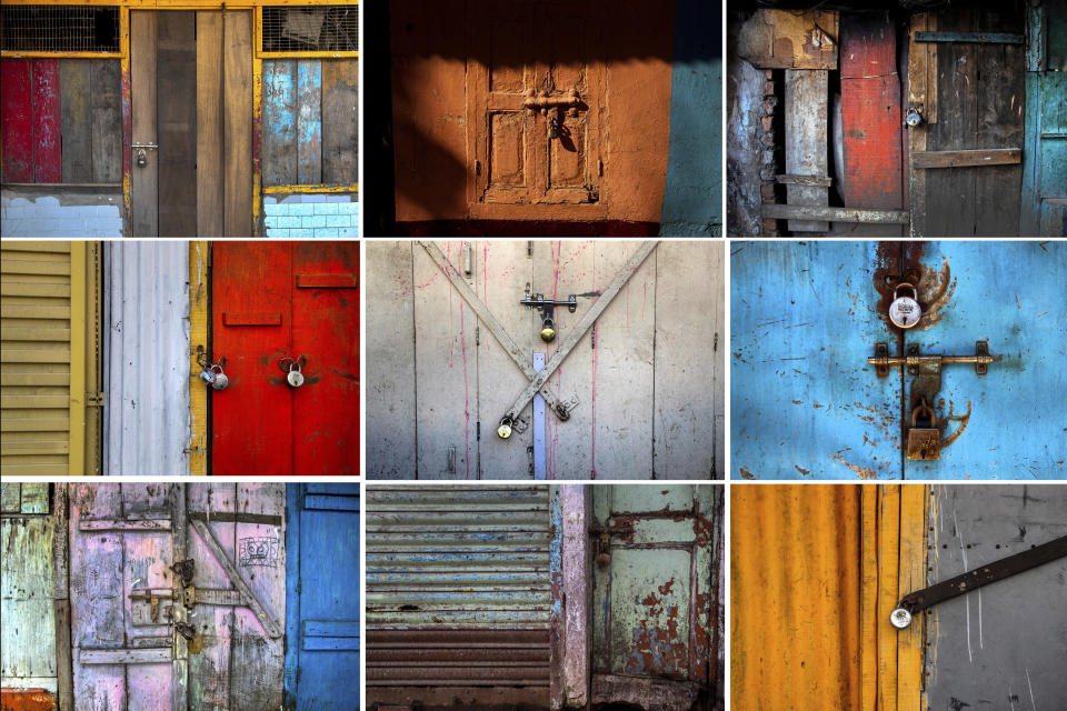 This combination photo shows locked shops at a market area in Gauhati, India on June 18, 2021. Rows of locked shops confront bargain-hunters for most of the day in Fancy Bazar, a nearly 200-year-old market that offered cheap prices until the COVID-19 pandemic hit Gauhati, the biggest city in India’s remote northeast. (AP Photo/Anupam Nath)