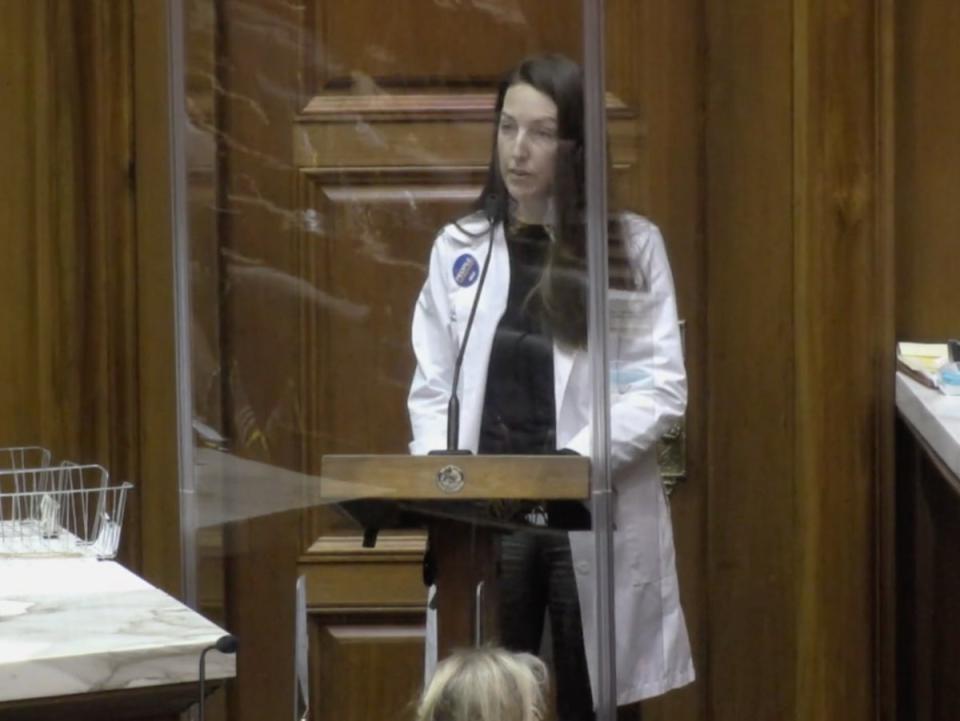 Dr Caitlin Bernard addresses anti-abortion legislation during an Indiana General Assembly committee hearing on 15 February. (Indiana General Assembly)