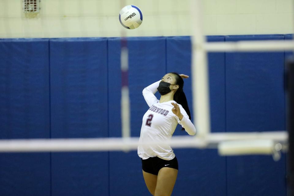 Annabelle He of Ridgewood (2) serves the ball to Bogota. Bergen County girls volleyball semifinals on Sunday, Oct. 24, 2021 at NV/Old Tappan.