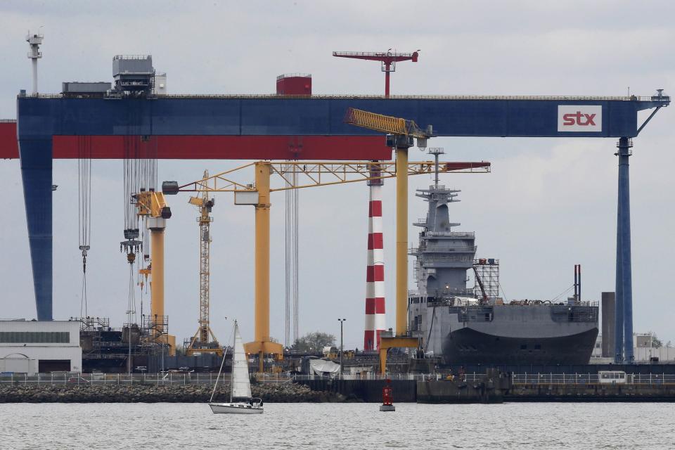 The Mistral-class helicopter carrier Sevastopol, named after the naval base in Crimea, is seen at the STX Les Chantiers de l'Atlantique shipyard site in Saint-Nazaire, western France, April 24, 2014. The Sevastopol is one of two Mistral-class warships ordered by the Russian Navy. REUTERS/Stephane Mahe (FRANCE - Tags: MILITARY POLITICS BUSINESS)