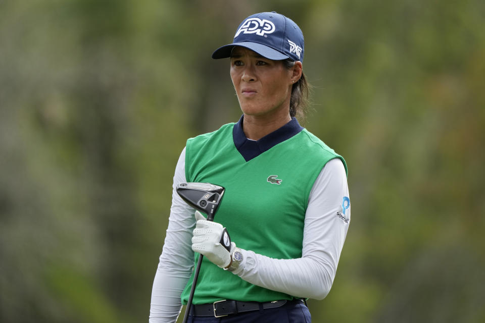 Celine Boutier, of France, watches her shot on the third tee during the first round of the LPGA CME Group Tour Championship golf tournament, Thursday, Nov. 16, 2023, in Naples, Fla. (AP Photo/Lynne Sladky)