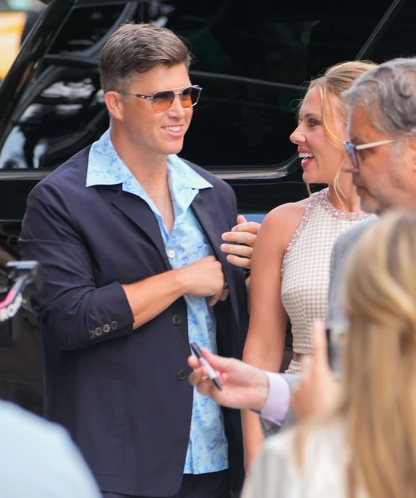 new york, new york july 08 colin jost and scarlett johansson are seen on july 8, 2024 in new york, new york photo by gothamgc images