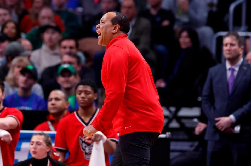 N.C. State head coach Kevin Keatts yells to his players during the first half of N.C. State’s game against Creighton in the first round of the NCAA Tournament at Ball Arena in Denver, Colo., Friday, March 17, 2023. Ethan Hyman/ehyman@newsobserver.com