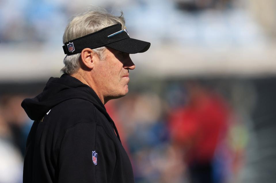 Jacksonville Jaguars head coach Doug Pederson looks on before a regular season NFL football matchup Sunday, Dec. 31, 2023 at EverBank Stadium in Jacksonville, Fla. [Corey Perrine/Florida Times-Union]