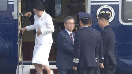 South Korean President Moon Jae-in arrives in a helicopter before departing Seoul Airbase for Pyongyang to hold the third summit with North Korean leader Kim Jong Un in this still frame taken from video September 18, 2018. KBS/via REUTERS TV