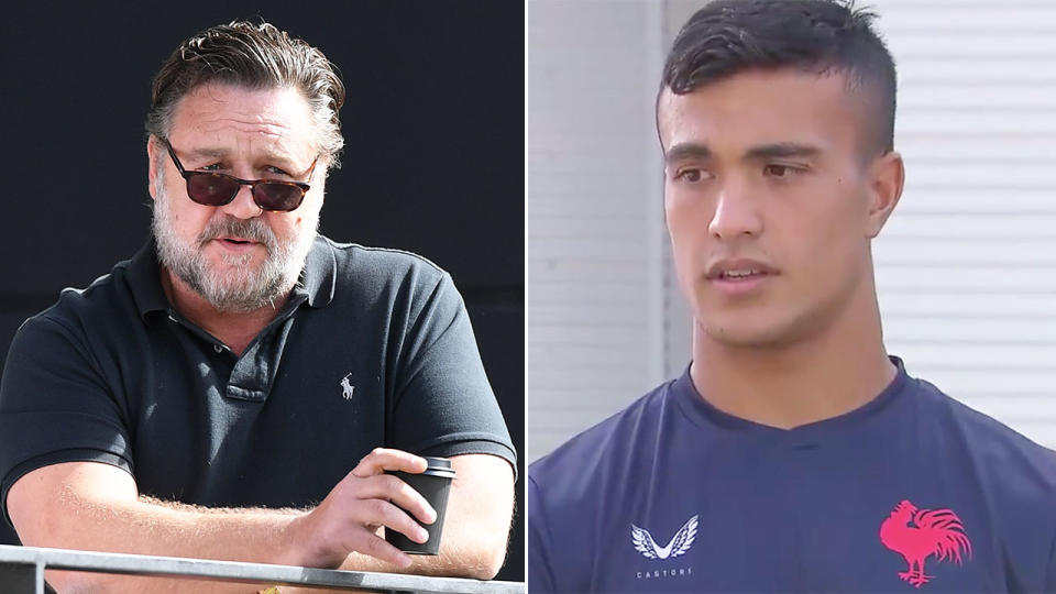 Pictured here, Souths co-owner Russell Crowe and Roosters recruit Joseph Suaalii on the right.