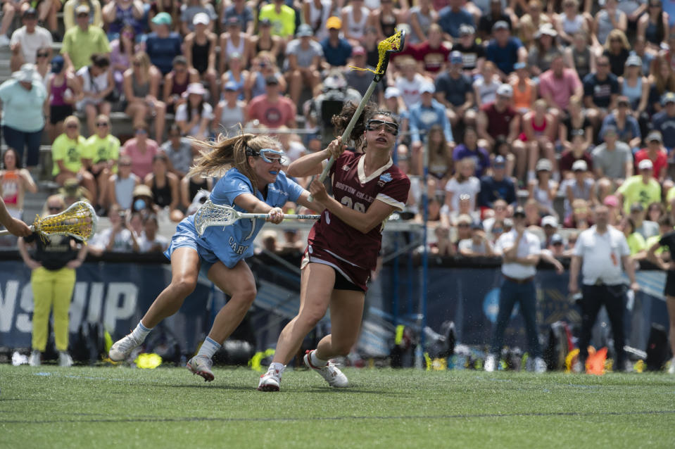 Boston College midfielder Kayla Martello (38) attempts to run at the goal during the NCAA college Division 1 women's lacrosse championship against North Carolina in Baltimore, Sunday, May 29, 2022. (Vincent Alban/The Baltimore Sun via AP)