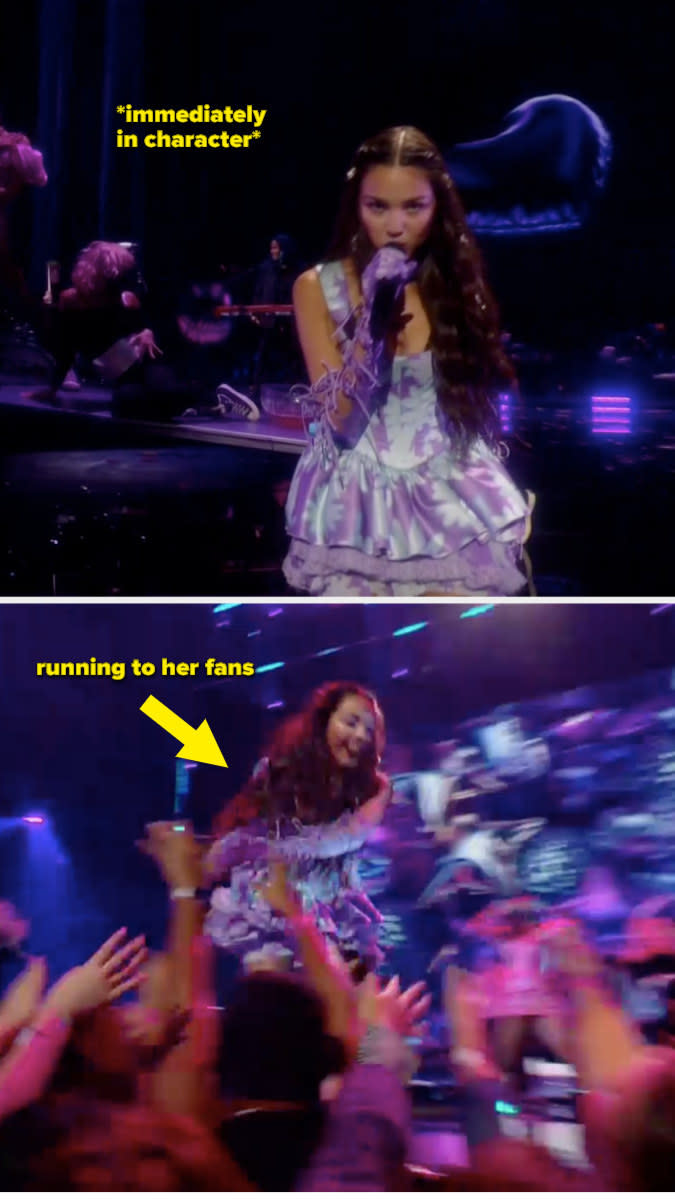 Olivia performing onstage with captions saying "immediately in character" and "running to her fans"