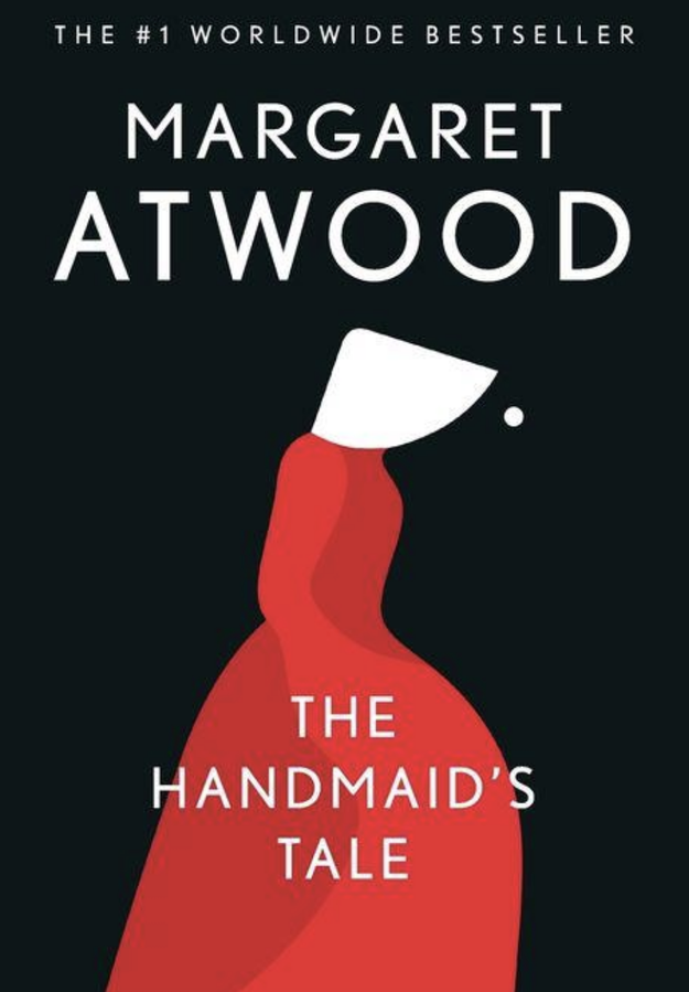 "The Handmaid's Tale" book cover with an illustration of a woman in a red robe