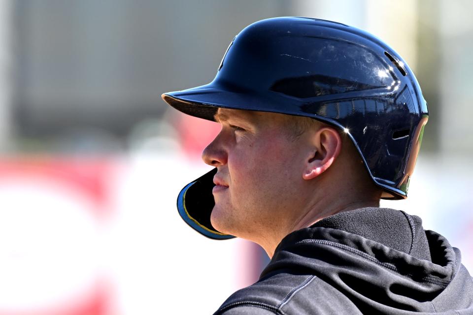 Feb 20, 2024; Tampa, FL, USA; New York Yankees outfielder Alex Verdugo (24) waits for his turn to run at George M. Steinbrenner Field. Mandatory Credit: Jonathan Dyer-USA TODAY Sports