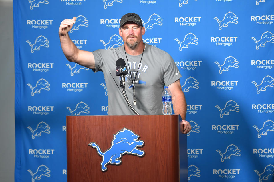 DETROIT, MI - AUGUST 03: Detroit Lions head coach Dan Campbell answers questions in the morning press conference during the Detroit Lions preseason OTA practice on Tuesday August 3, 2021 at Comerica Park in Detroit, MI. (Photo by Steven King/Icon Sportswire via Getty Images)