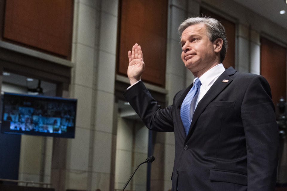 Federal Bureau of Investigation (FBI) Director Christopher Wray is sworn in during the House Judiciary Committee oversight hearing on the Federal Bureau of Investigation on Capitol Hill, Thursday, June 10, 2021, in Washington. (AP Photo/Manuel Balce Ceneta)