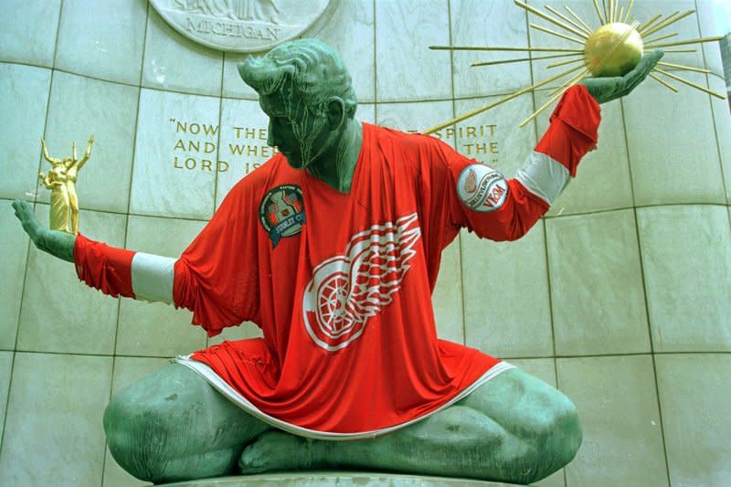 "The Spirit of Detroit" statue in downtown wears a giant Detroit Red Wings jersey on the eve of the Stanley Cup finals June 8, 1998. On July 18, 2013, Detroit became the largest U.S. city to file for bankruptcy. File Photo by Bill Pugliano/UPI