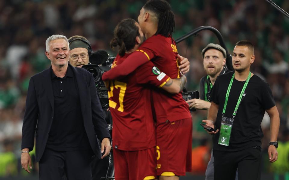 Jose Mourinho the manager / head coach of AS Roma celebrates at full time - GETTY IMAGES