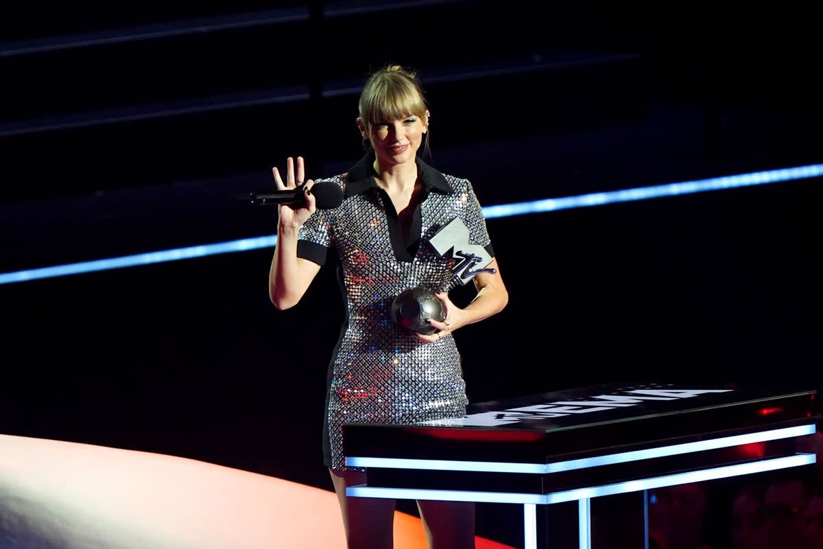 Taylor Swift on stage after winning the award for Best Video at the MTV Europe Music Awards 2022 held at the PSD Bank Dome, Dusseldorf. (Ian West/PA) (PA Wire)