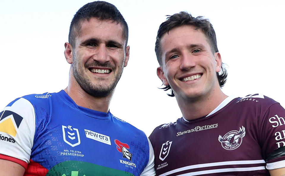 Jack and Cooper Johns, pictured here after an NRL game between Newcastle and Manly in 2023.