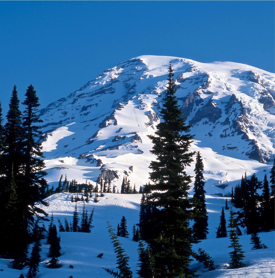 Mount Rainier is often seen from Seattle, 60 miles to the south.