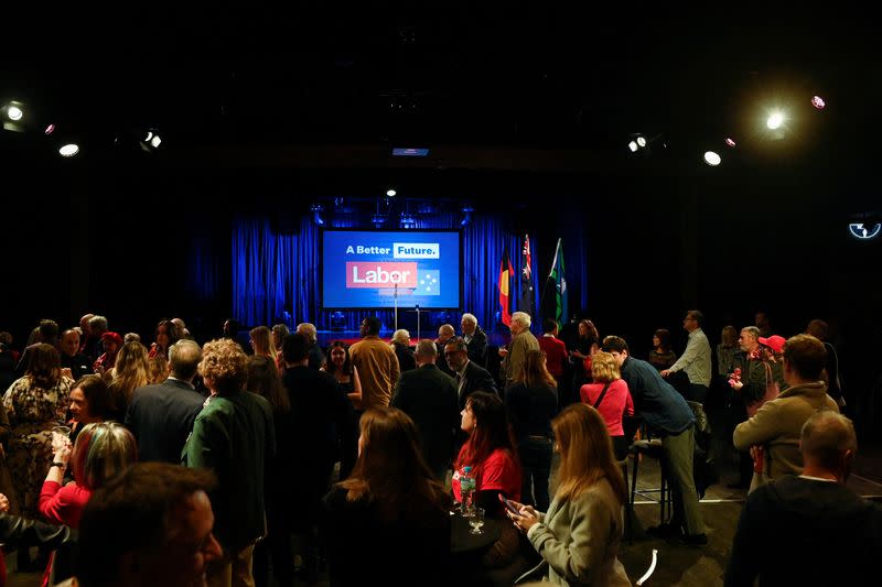 Supporters wait for Anthony Albanese, leader of Australia's Labor Party, to speak about the outcome of the country's general election in Sydney