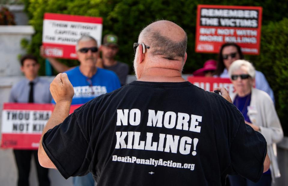 Anti-death penalty advocates hold a protest on the Capitol steps in Montgomery, Ala., on Tuesday July 16, 2024 protesting Thursday's pending execution of Keith Edmund Gavin.