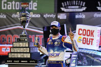 Kevin Harvick (4) celebrates a win at the NASCAR Cup Series auto race, Sunday, Sept. 6, 2020, in Darlington, S.C. (AP Photo/Chris Carlson)