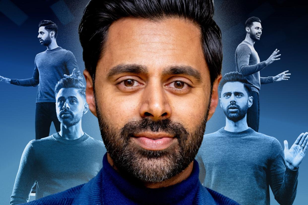 Hasan Minhaj looking at the viewer, with four smaller versions of him in the background.