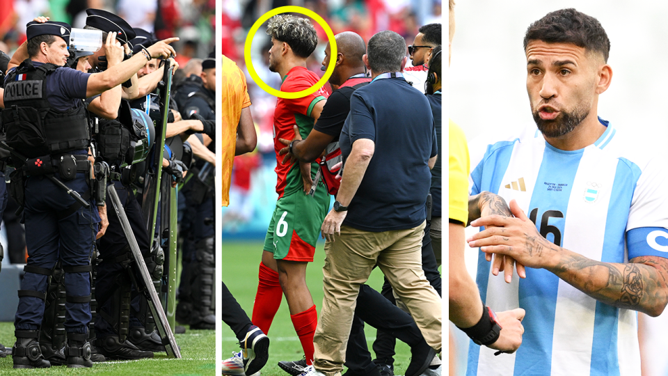 The Olympic Games football match between Argentina and Morocc descended into farcical scenes after the players were forced to leave the field. (Getty Images)