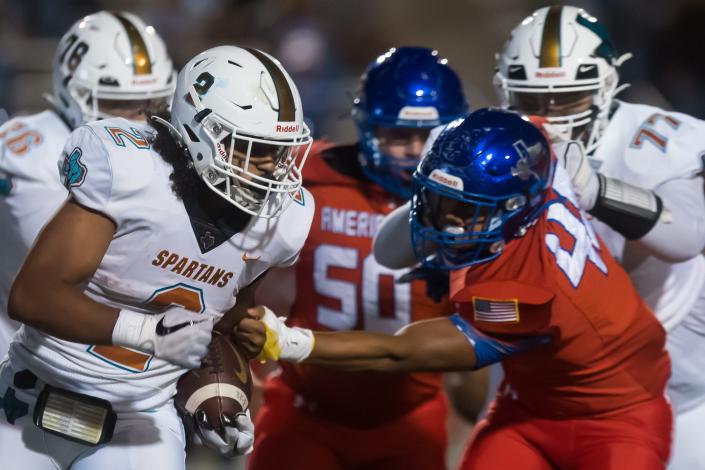 Pebble Hills' Sam Chacon (2) at a high school football game against Americas at the Socorro ISD Students Activities Complex on Friday, Sept. 30, 2022, in El Paso, Texas.