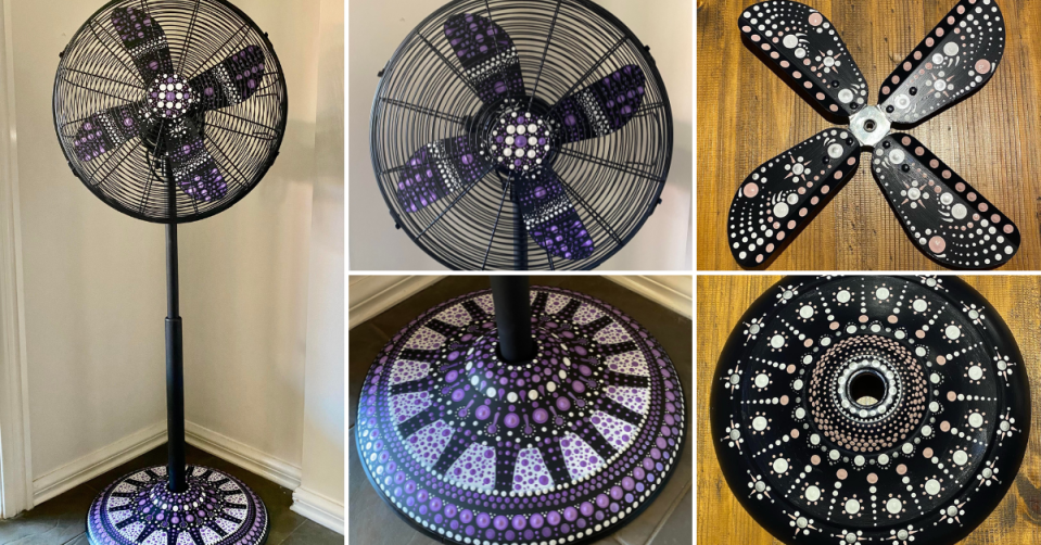 A hack of a Kmart fan, upcycled with a mandala geometric pattern, close up and at a distance.