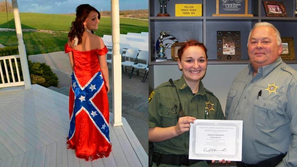 Sgt. Samantha Bell with the Lafayette County Sheriff’s Office is pictured above in two photographs. On the left she is pictured wearing a Confedeate Flag-styled dress that was made by her mother to senior prom in 2013. On the right is her receiving an award from the sheriff’s office in 2020 after she discovered 10 grams of methamphetamine hidden in the jail.