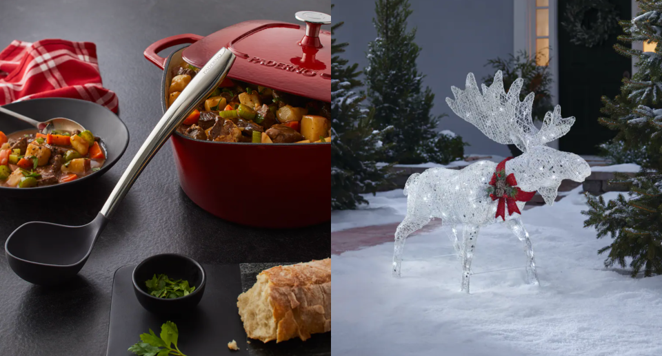 split screen of red dutch oven with stew and moose christmas outdoor light decoration, canadian tire sale products black friday