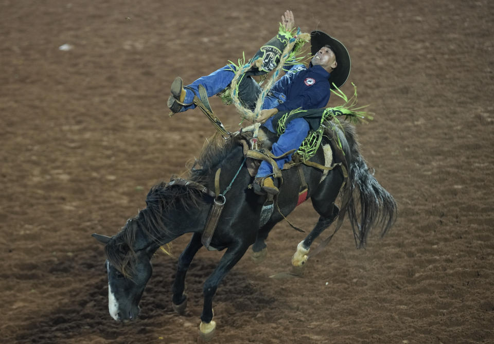 A cowboy battles to stay aboard a horse during horse riding competition at the Barretos Rodeo International Festival in Barretos, Sao Paulo state Brazil, Friday, Aug. 26, 2022. (AP Photo/Andre Penner)