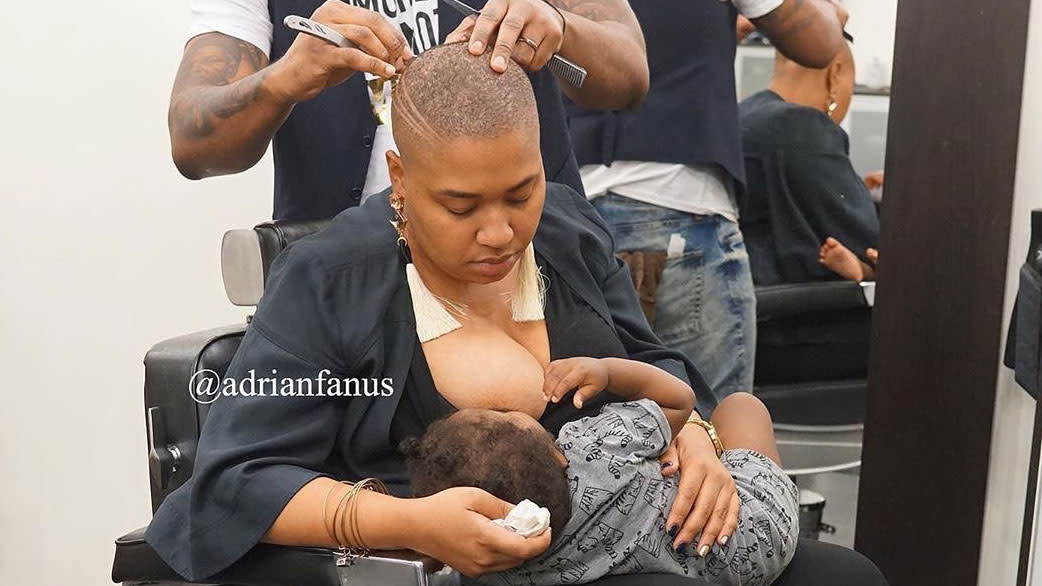 A photo of Nicolette Parkinson breastfeeding her baby at the Adrian Fanus Grooming salon has resonated with Facebook users. (Photo: Adrian Fanus/Facebook)