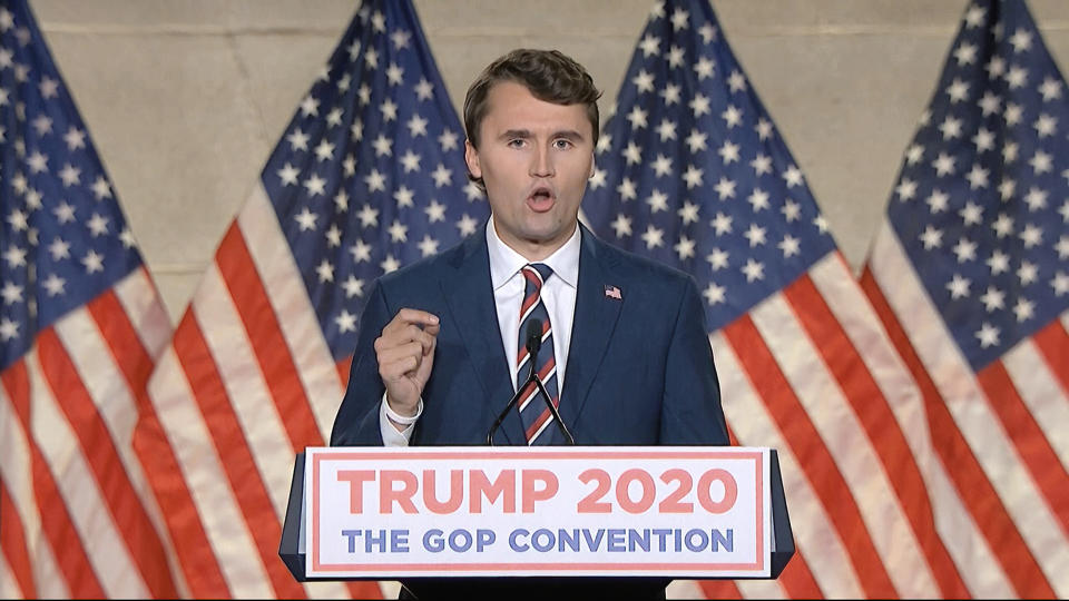 In this image from video, Charlie Kirk speaks during the first night of the Republican National Convention on Monday, Aug. 24, 2020. (Courtesy of the Committee on Arrangements for the 2020 Republican National Committee via AP)