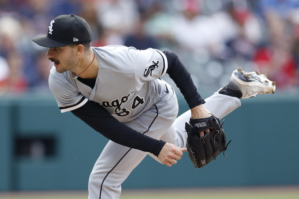 Chicago White Sox starting pitcher Dylan Cease delivers against the Cleveland Guardians during the second inning of a baseball game, Tuesday, May 23, 2023, in Cleveland. (AP Photo/Ron Schwane)