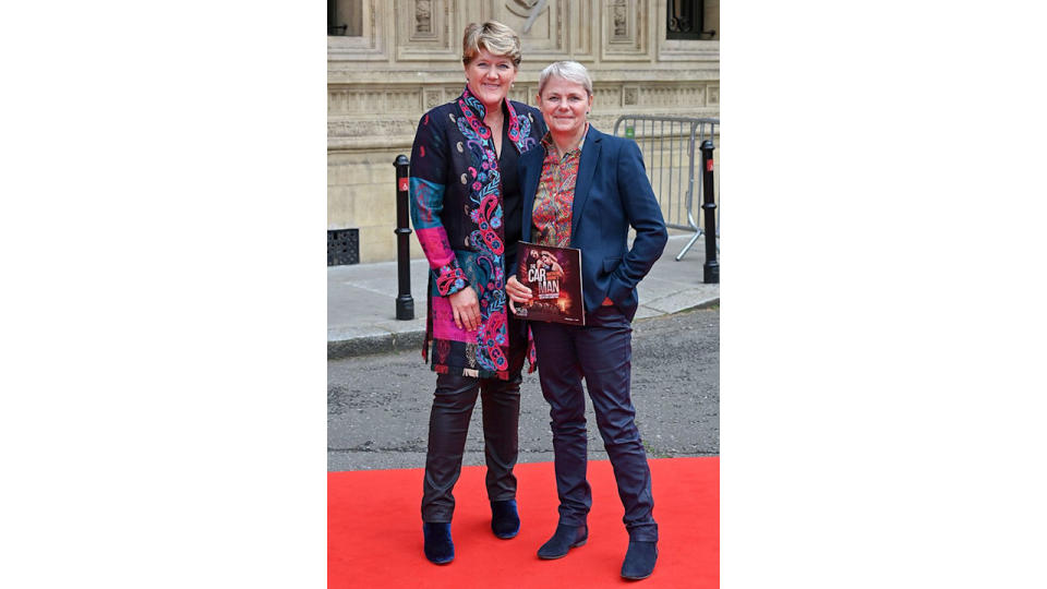 Clare Balding and Alice Arnold pose outside the Royal Albert Hall