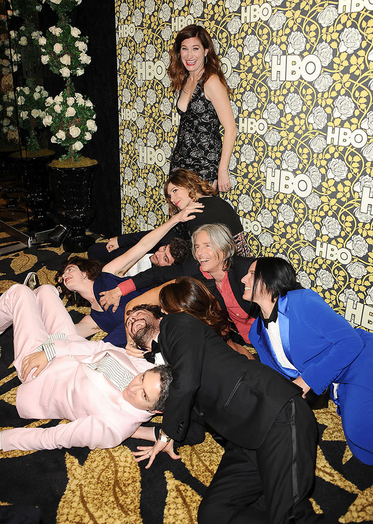 The cast of “Transparent,” including Kathryn Hahn, Amy Landecker, Gaby Hoffmann, Jay Duplass, Carrie Brownstein, and Jill Soloway, took their party plans lying down. (Photo: Getty Images)
