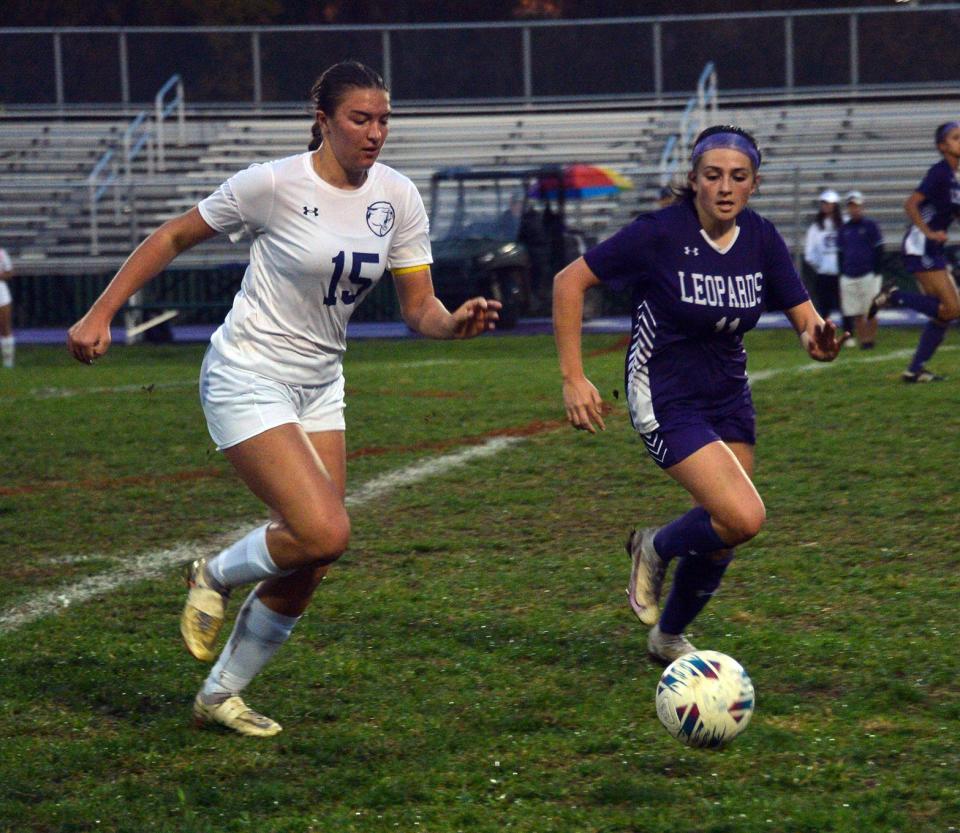 Catoctin's Payton Troxell (15) is defended by Smithsburg's Nicole Calp (11) during a Maryland Class 1A West Region II girls soccer quarterfinal at Smithsburg on Oct. 26, 2022. Calp had an assist for the Leopards.
