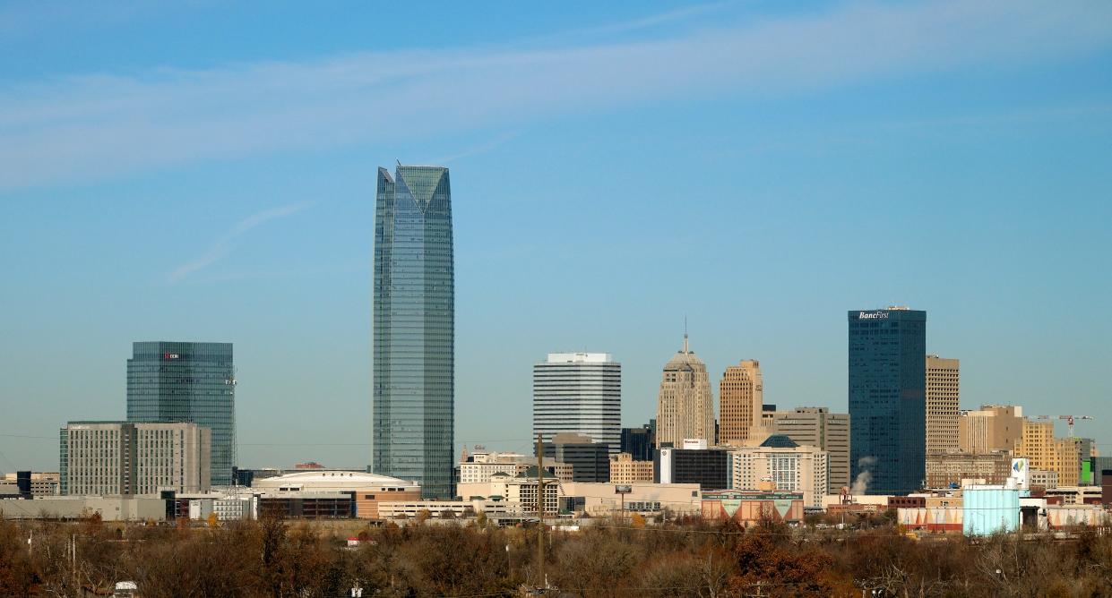 Downtown Oklahoma City (OKC) skyline from SE 25th St. near S. High Ave., Monday, Dec. 11, 2023