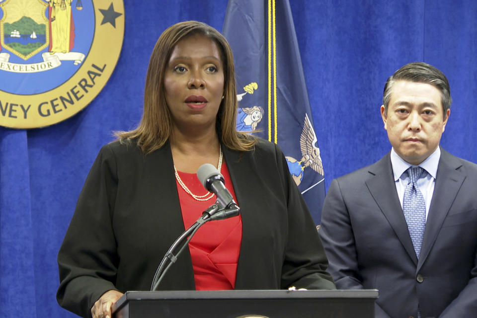 New York State Attorney General Letitia James, at a press conference in New York on Tuesday, with attorney Joon Kim, one of the lead investigators. 