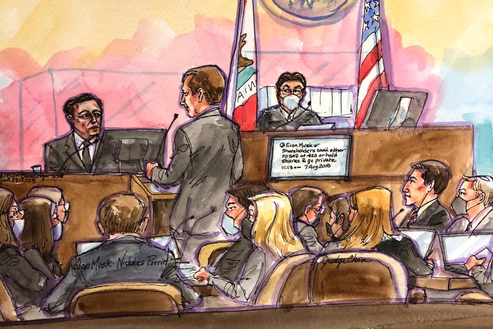 Tesla CEO Elon Musk is questioned by the investors' attorney Nicholas Porritt before Judge Edward Chen as a screen displays one of Musk's tweets, during a securities-fraud trial at federal court in San Francisco, California, U.S., January 23, 2023 in this courtroom sketch. REUTERS/Vicki Behringer