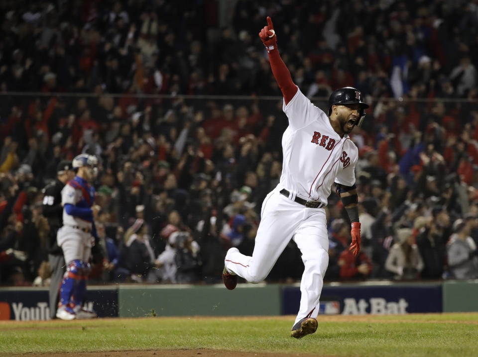 Eduardo Nunez reacts after hitting a three-run home run during the seventh inning of Game 1 of the World Series. (AP)