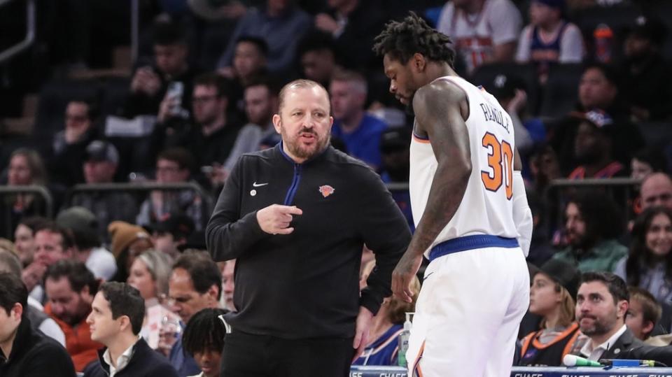 Mar 27, 2023; New York, New York, USA; New York Knicks head coach Tom Thibodeau talks with New York Knicks forward Julius Randle (30) in the first quarter against the Houston Rockets at Madison Square Garden.